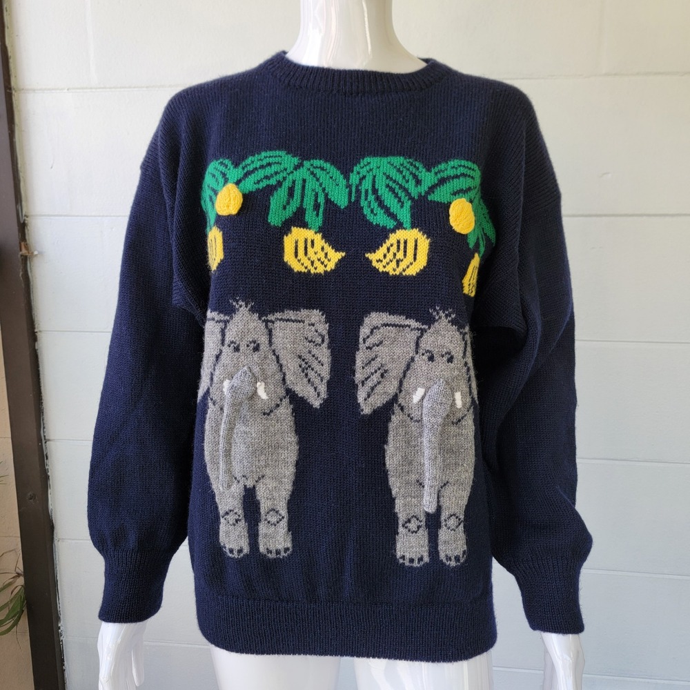 VTG 90s British Passage Elephant Sweater Unisex Navy L Novelty Wool 3D Whimsy